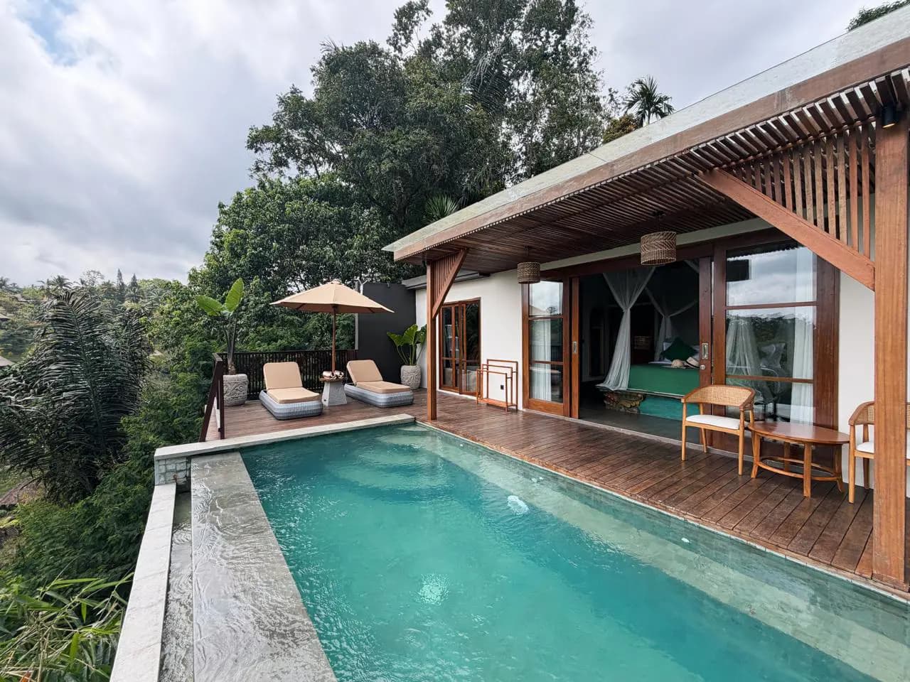 A pool villa at TISS Valley overlooking the highland rice terraces of Sebatu, Bali